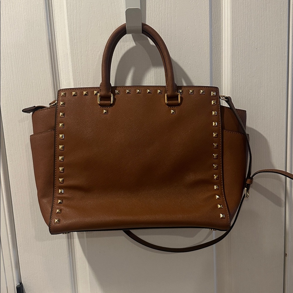 Michael Kors Brown Leather Studded Satchel - Picture 3 of 8